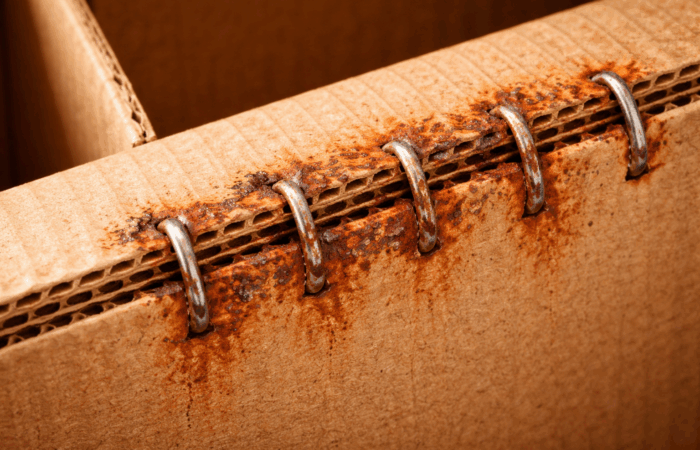 Corrosion of stitching wire in corrugated boxes showing rusted staples caused by moisture and paper chemistry