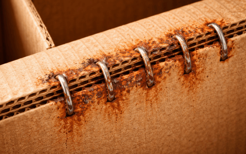 Corrosion of stitching wire in corrugated boxes showing rusted staples caused by moisture and paper chemistry