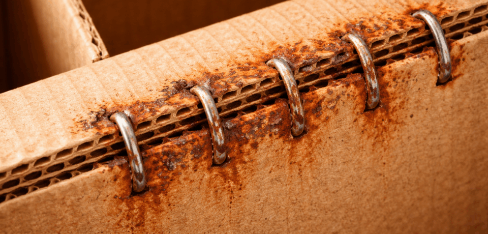 Corrosion of stitching wire in corrugated boxes showing rusted staples caused by moisture and paper chemistry